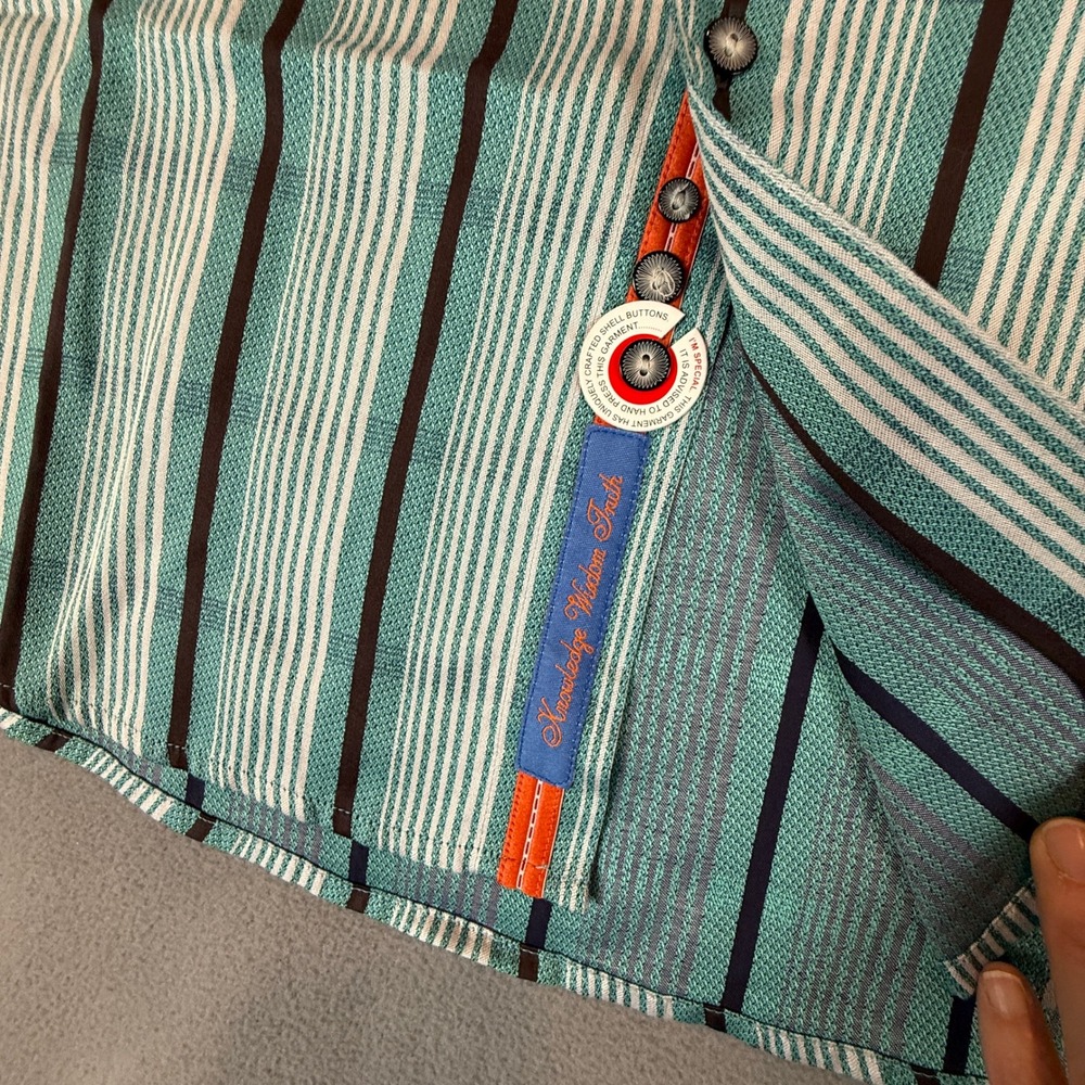 Robert Graham Shirt Mens 2XL Teal Stripe Silk Trim NWOT Knowledge Wisdom Truth - Picture 4 of 16